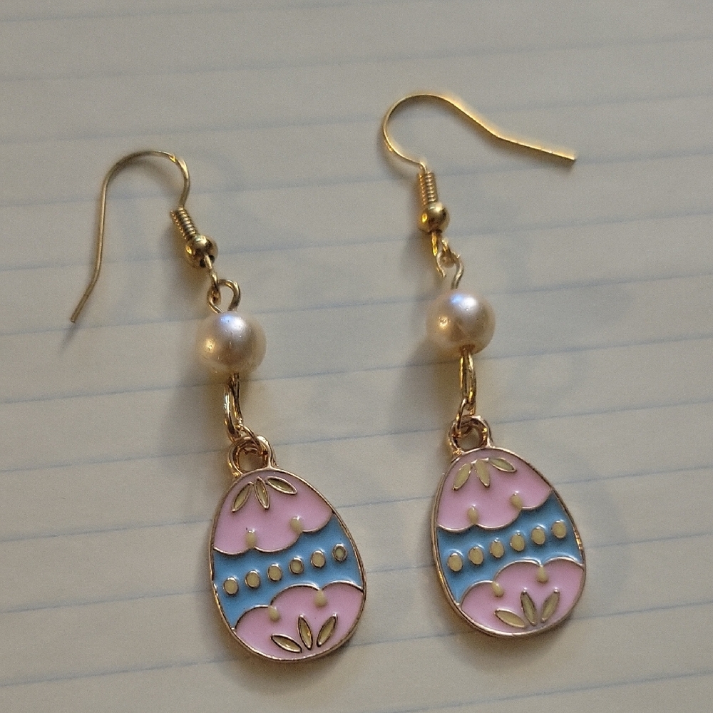 Gold-Tone Pink and Blue Enamel Egg Drop Earrings with Pearl Accent